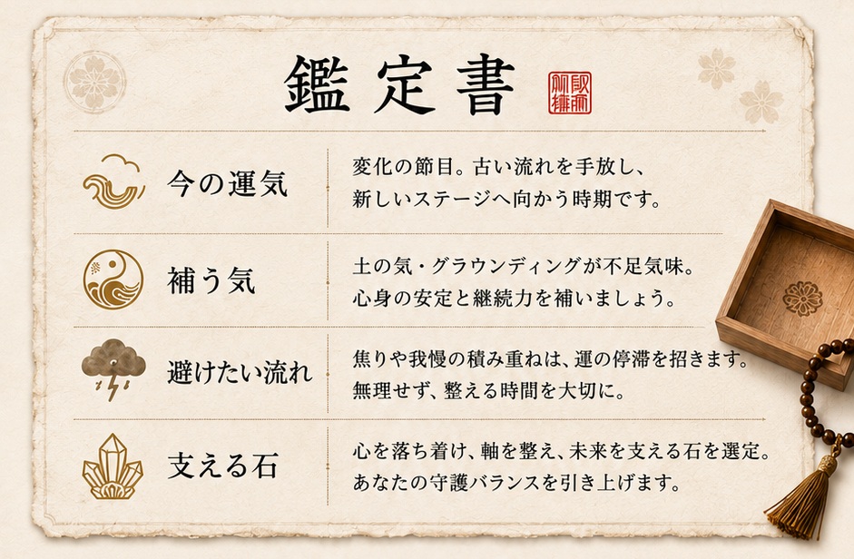 鑑定書サンプル。今の運気、補う気、避けたい流れ、支える石を記した和紙風の鑑定書。